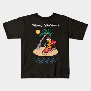 Cat Santa Hat Tropical Beach Cruise Merry Christmas Kids T-Shirt